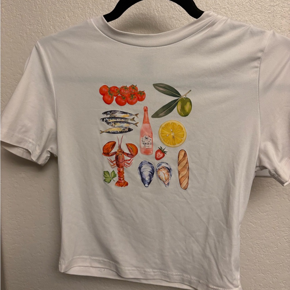 SHEIN White Tee with Colorful Food Design